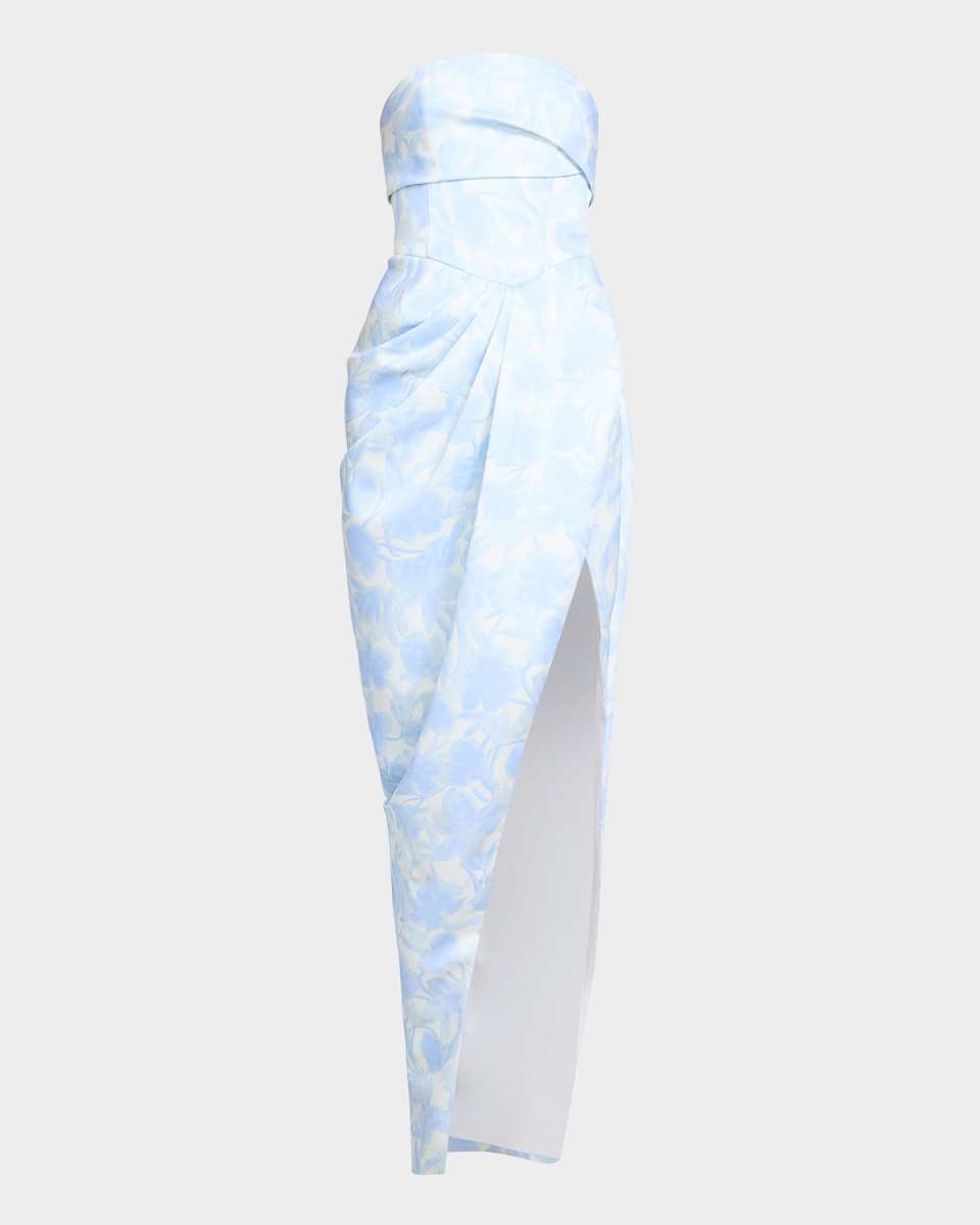 Strapless Pleated Floral-Print Gown